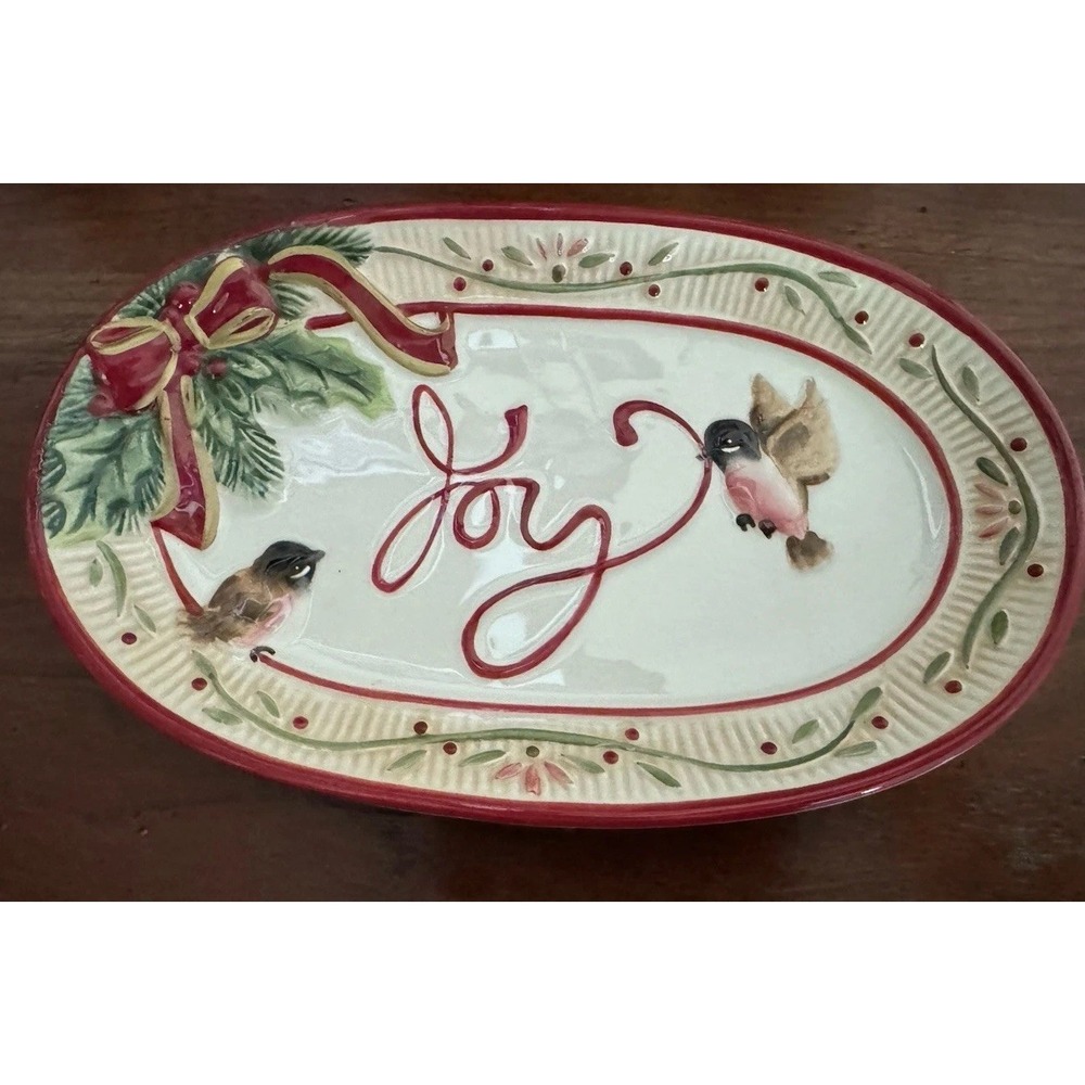 Fitz and Floyd Santa's Forest Friends Joy Sentiment Tray Christmas Bird Platter